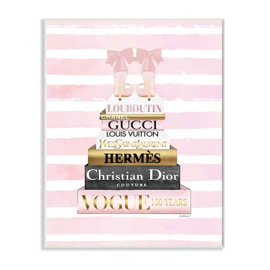 Stupell Industries Glam Fashion Heals with Bookstack and Pink Stripes Wood Wall Plaque